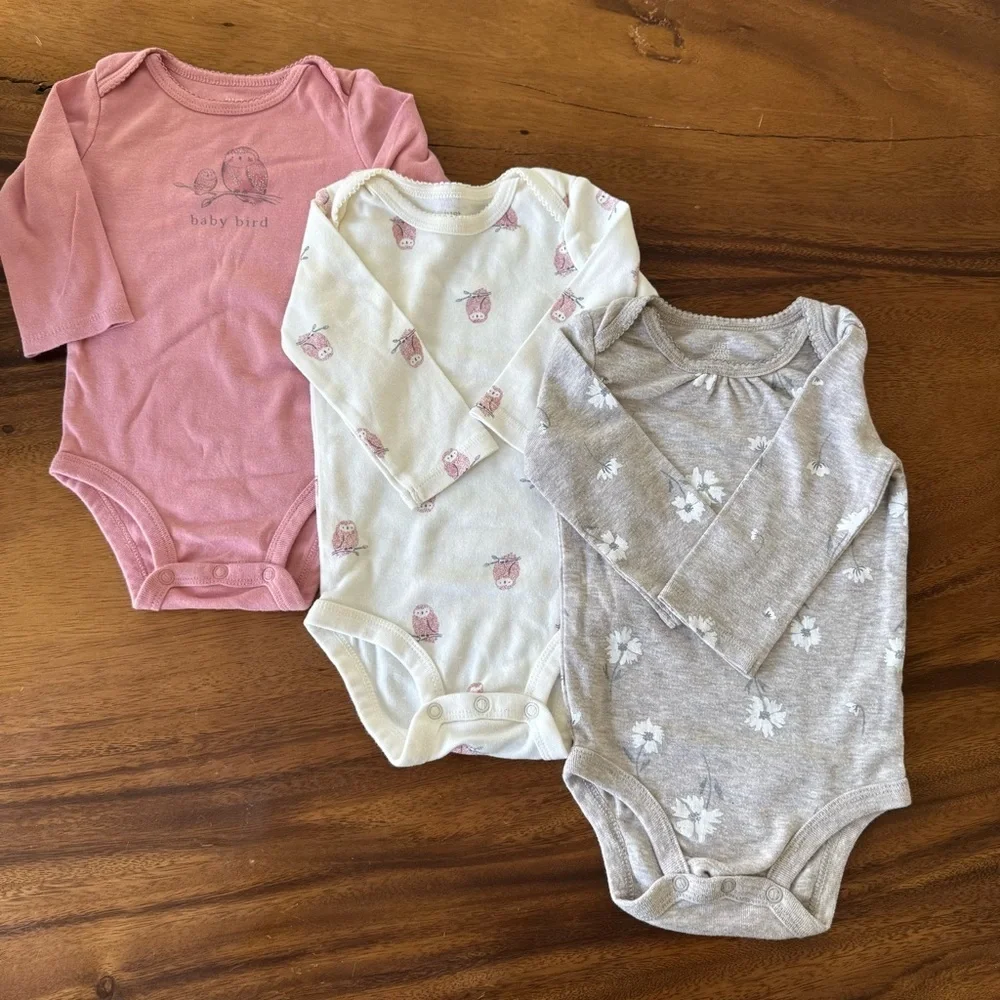 Just One Long Sleeve Bodysuits Set of 3 - Pink, Cream, Gray Owl and Floral 9M